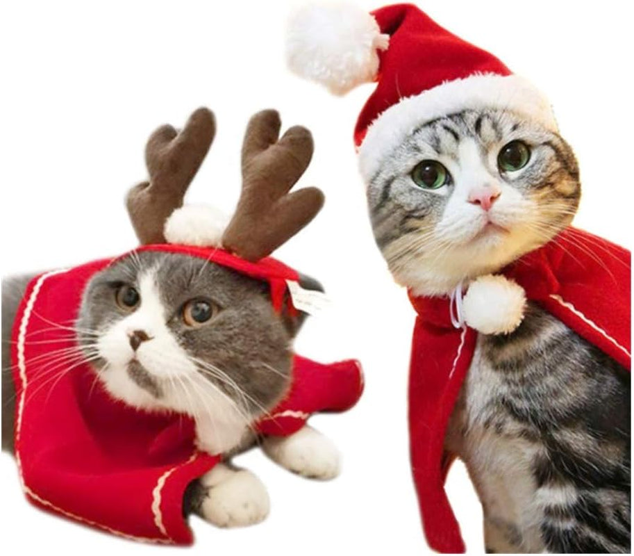 2 Pc Pet Christmas Costumes Set Includes Santa Hat Cloak and Xmas Reindeer Antlers Headband for Puppy Kitten Small Cats Dogs Pets