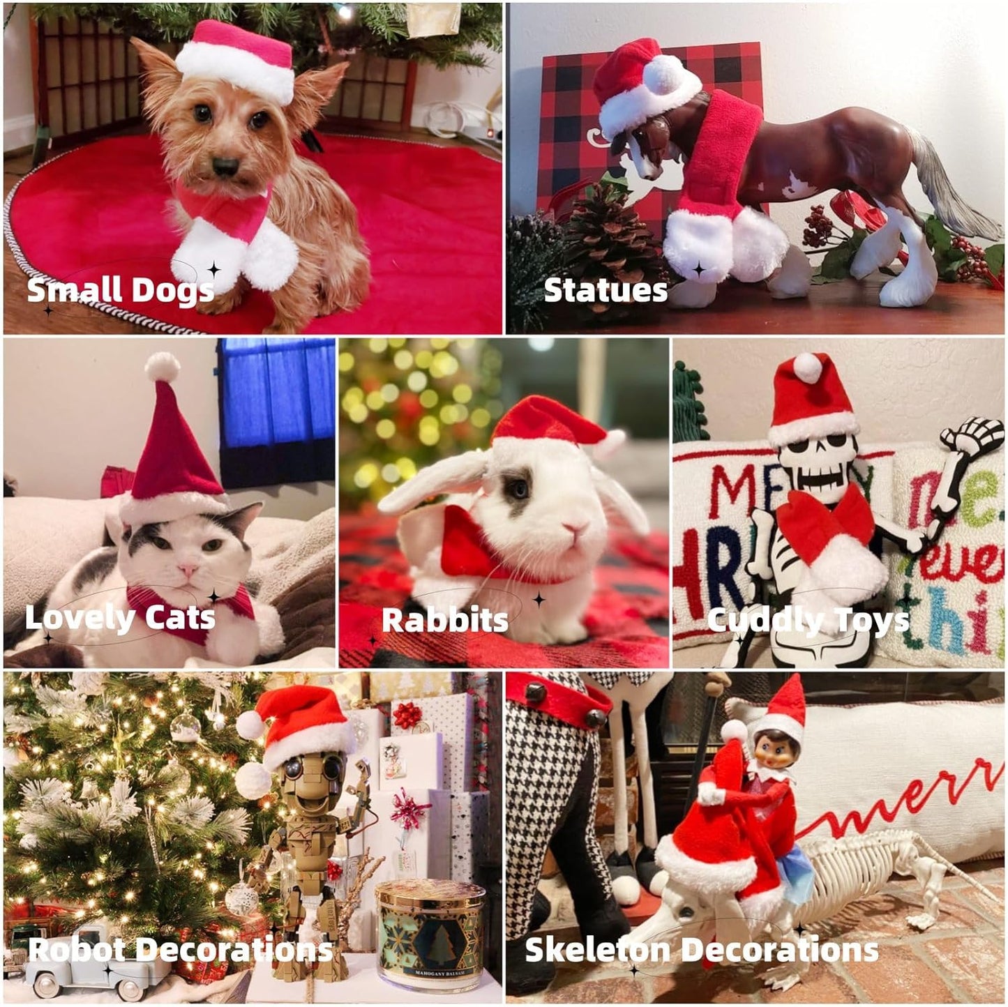 Christmas Cat Hats Costume, Santa Hat with Red Scarf for Cats Small Dogs, Rabbit Christmas Hat Outfit, Small Xmas Apparel for Statue, Toys Decoration