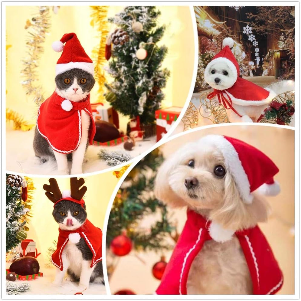 2 Pc Pet Christmas Costumes Set Includes Santa Hat Cloak and Xmas Reindeer Antlers Headband for Puppy Kitten Small Cats Dogs Pets