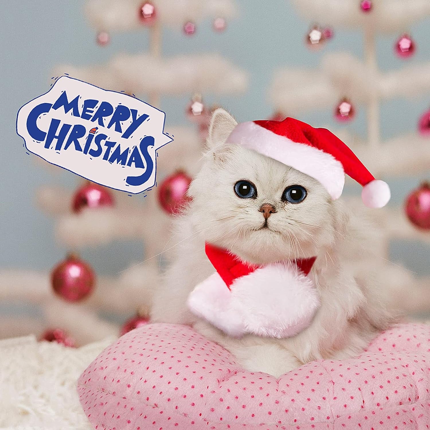Christmas Cat Hats Costume, Santa Hat with Red Scarf for Cats Small Dogs, Rabbit Christmas Hat Outfit, Small Xmas Apparel for Statue, Toys Decoration