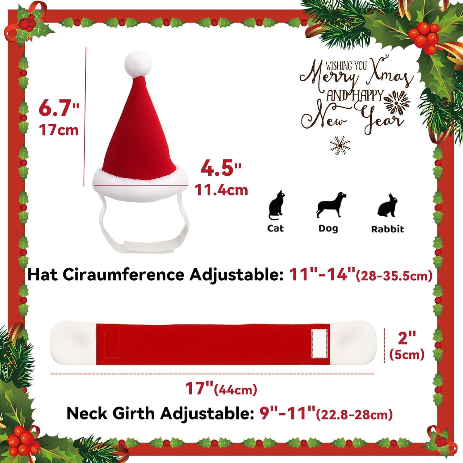 Christmas Cat Hats Costume, Santa Hat with Red Scarf for Cats Small Dogs, Rabbit Christmas Hat Outfit, Small Xmas Apparel for Statue, Toys Decoration