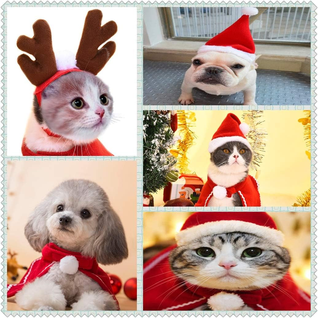 2 Pc Pet Christmas Costumes Set Includes Santa Hat Cloak and Xmas Reindeer Antlers Headband for Puppy Kitten Small Cats Dogs Pets