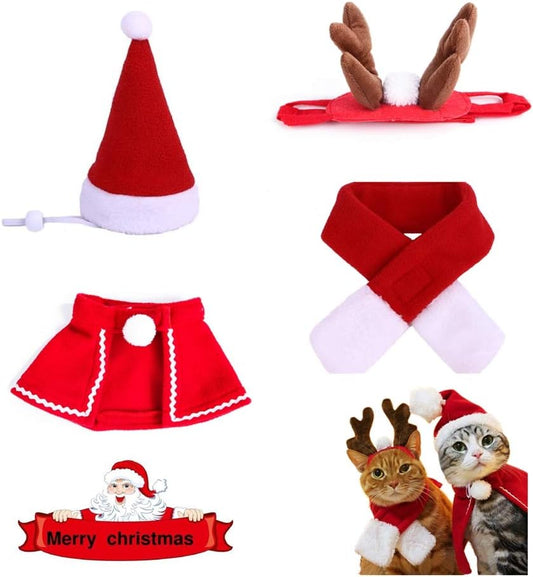 2 Pc Pet Christmas Costumes Set Includes Santa Hat Cloak and Xmas Reindeer Antlers Headband for Puppy Kitten Small Cats Dogs Pets