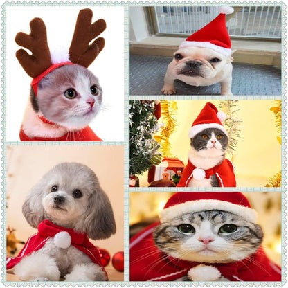2 Pc Pet Christmas Costumes Set Includes Santa Hat Cloak and Xmas Reindeer Antlers Headband for Puppy Kitten Small Cats Dogs Pets