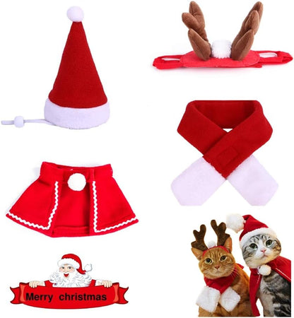 2 Pc Pet Christmas Costumes Set Includes Santa Hat Cloak and Xmas Reindeer Antlers Headband for Puppy Kitten Small Cats Dogs Pets